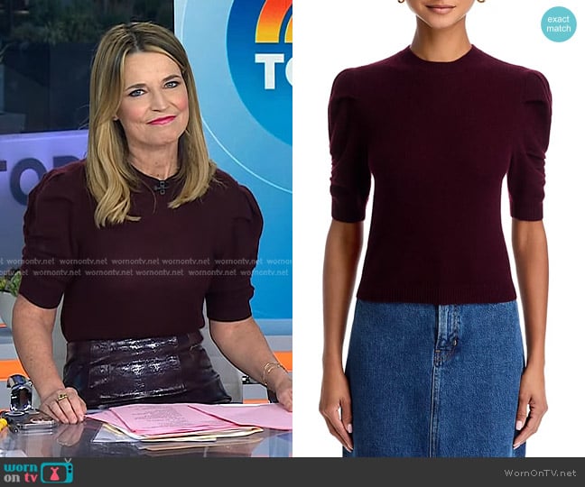 Frame Ruched Puff Sleeve Sweater in Wine worn by Savannah Guthrie on Today