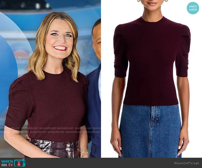 Frame Ruched Puff Sleeve Sweater in Wine worn by Savannah Guthrie on Today