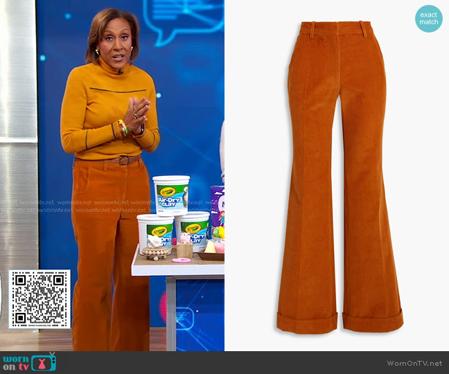 Victoria Beckham High-Rise Flared Corduroy Pants worn by Robin Roberts on Good Morning America