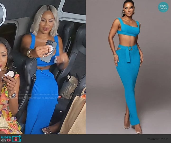 J Lux Label Blue Nikole Ribbed Skirt Set worn by Mia Thornton on The Real Housewives of Potomac