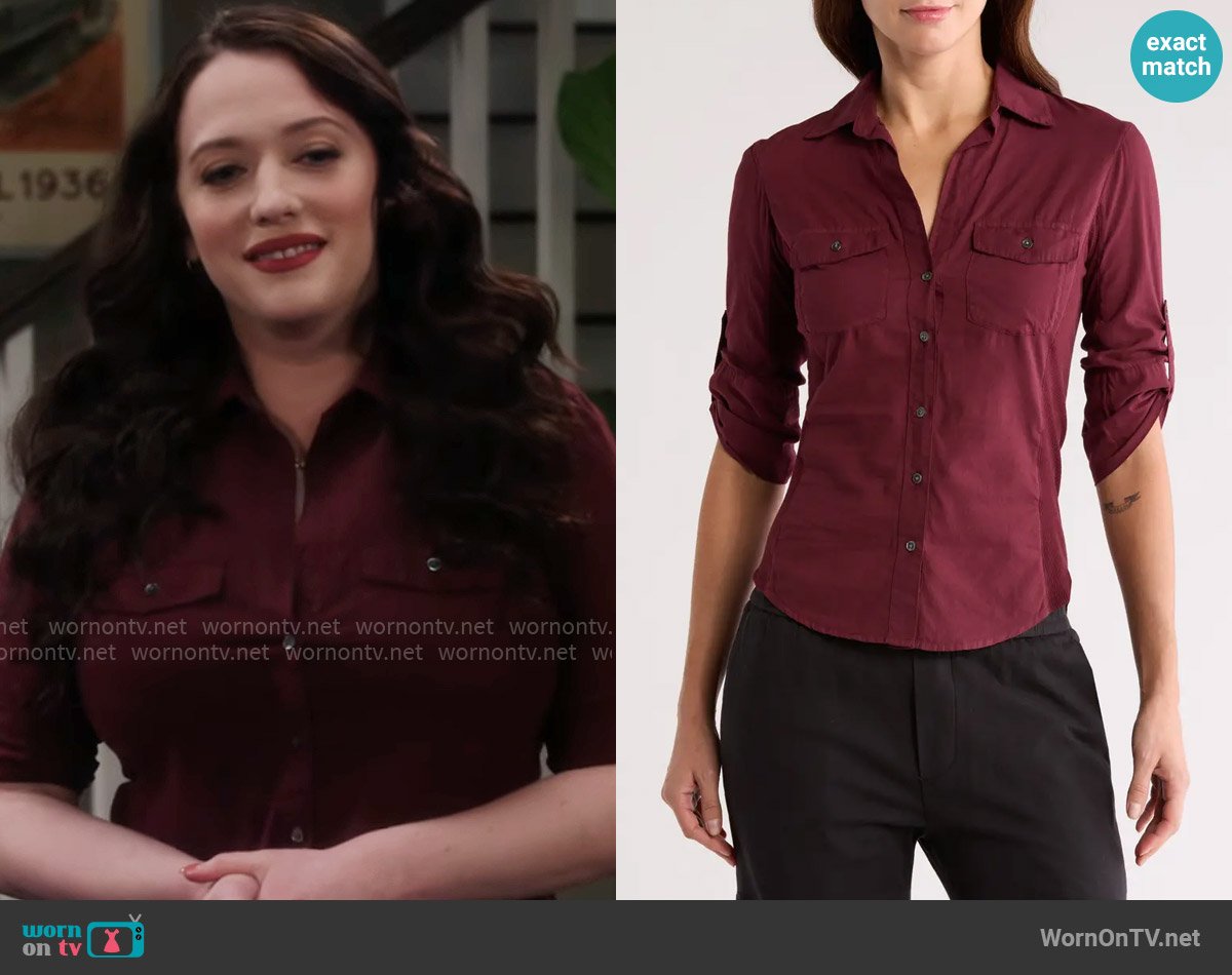 Riley’s burgundy button down top on Shifting Gears