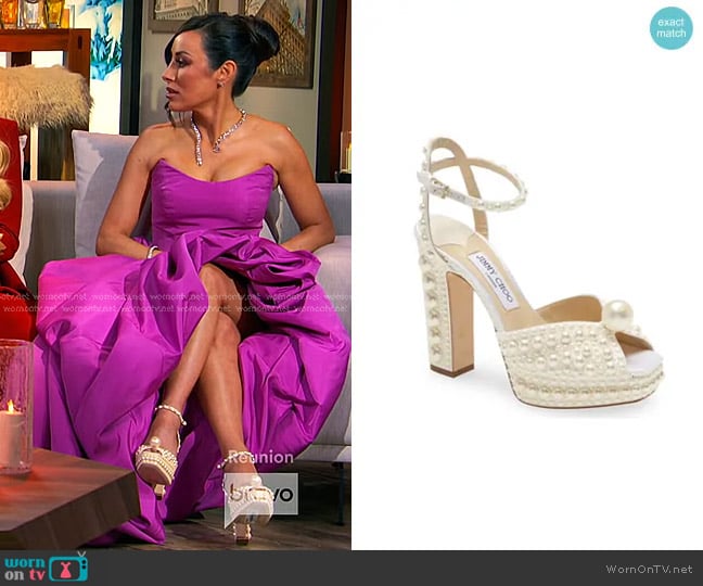 Jimmy Choo Sacaria Embellished Platform Sandal worn by Angie Katsanevas on The Real Housewives of Salt Lake City