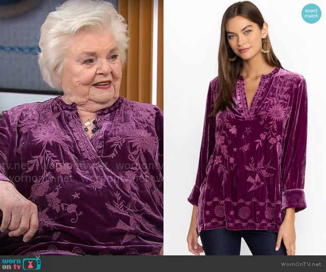 Johnny Was Henley Voyager Tunic in Sugar Plum worn by June Squibb on CBS Mornings