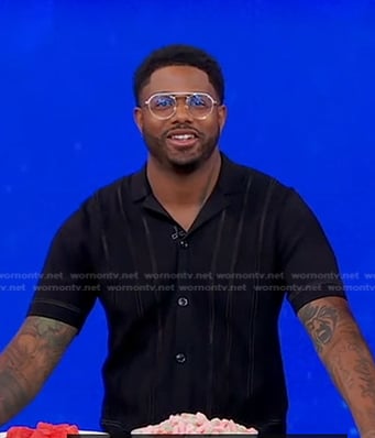 Kwame Onwuachi’s black embroidered short sleeve shirt on Good Morning America