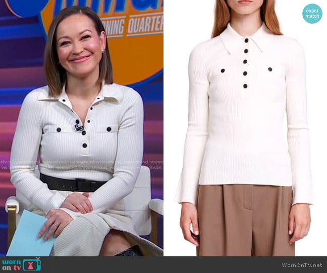 Maje Ribbed Knit Polo Shirt in Ecru worn by Eva Pilgrim on Good Morning America