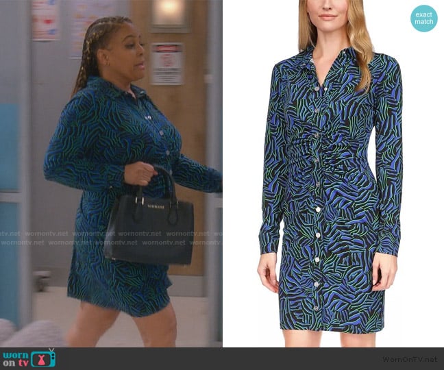 Michael Michael Kors Zebra-Print Ruched Mini Dress worn by Regina Upshaw (Kim Fields) on The Upshaws