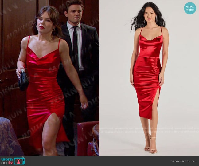 Windsor Nadine Formal Ruched Satin Midi Dress worn by Joy Wesley (AlexAnn Hopkins) on Days of our Lives