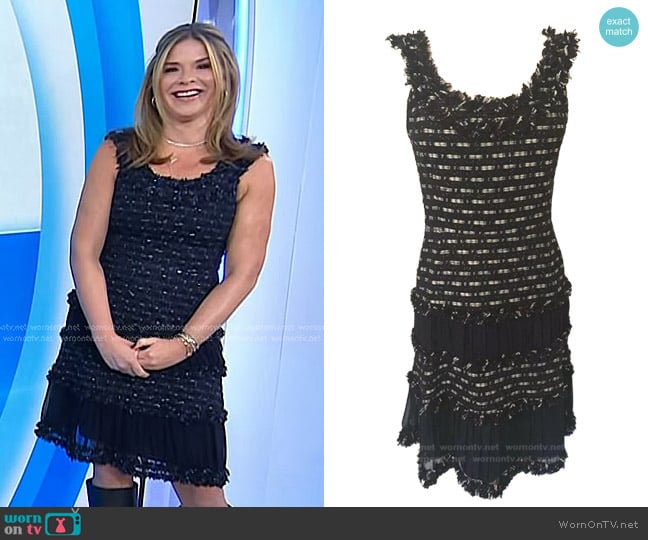 Oscar de la Renta Tweed & Silk Dress with Fringe Trim in Navy worn by Jenna Bush Hager on Today