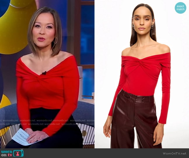 Prabal Gurung Collective Off the Shoulder Knot Jersey Top in Red worn by Eva Pilgrim on Good Morning America