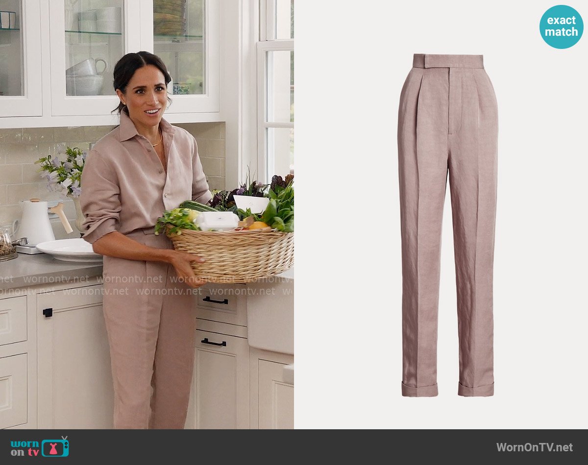 Ralph Lauren Collection Evanne Linen-Blend Trousers worn by Meghan Markle on With Love Meghan