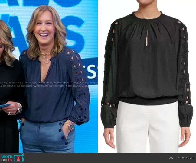 Ramy Brook Bri Lace Cutout Top worn by Lara Spencer on Good Morning America