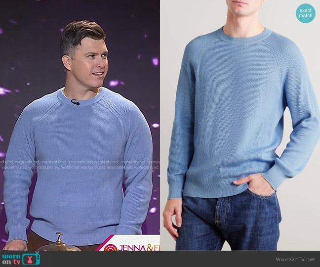 Brunello Cucinelli Ribbed Cotton Sweater in Light Blue worn by Colin Jost on Today