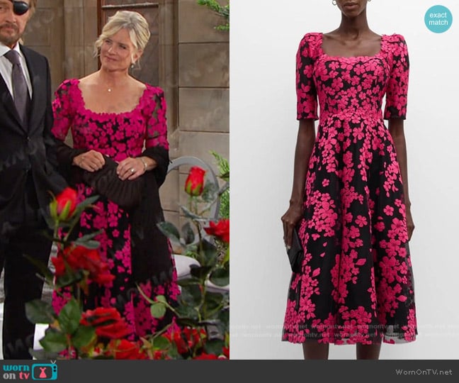 Rickie Freeman for Teri Jon Floral-Embroidered Tulle Midi Dress in Black Fucshia worn by Kayla Brady (Mary Beth Evans) on Days of our Lives