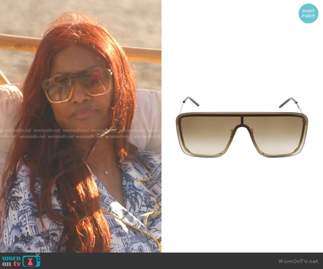 Saint Laurent New Wave 99MM Mask Sunglasses worn by Garcelle Beauvais on The Real Housewives of Beverly Hills