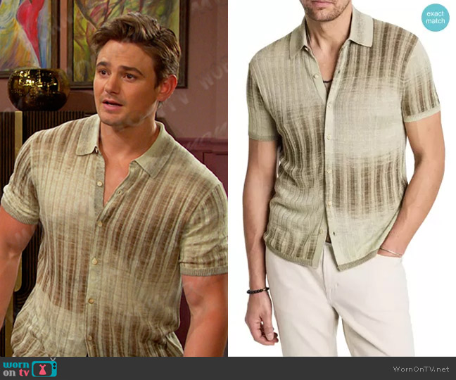 John Varvatos Santiago Short Sleeve Button-Up Sweater in Spruce worn by Johnny DiMera (Carson Boatman) on Days of our Lives