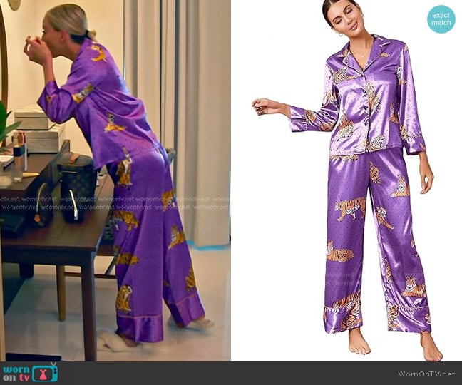 WDIRARA at Amazon Shirt and Pants Pajama Set in Purple Animal worn by Whitney Rose on The Real Housewives of Salt Lake City