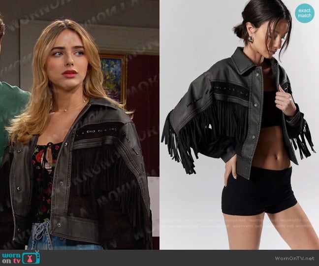 Silence + Noise Hannah Western Fringe Faux Leather Jacket worn by Holly Jonas (Ashley Puzemis) on Days of our Lives