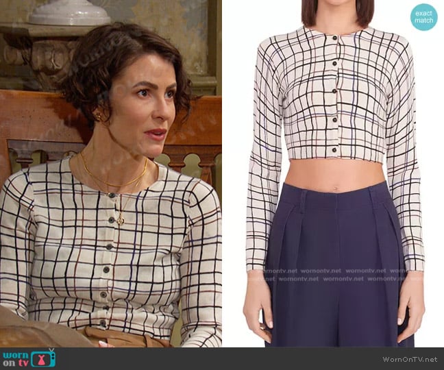 Staud Deanna Cropped Sweater in Creme Draw Plaid worn by Sarah Horton (Linsey Godfrey) on Days of our Lives