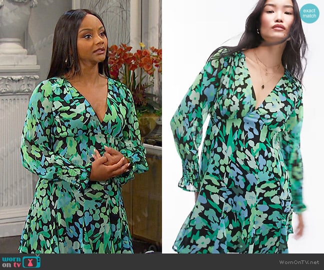 Topshop Long Sleeve Godet Mini Tea Dress in green floral print worn by Chanel Dupree (Raven Bowens) on Days of our Lives