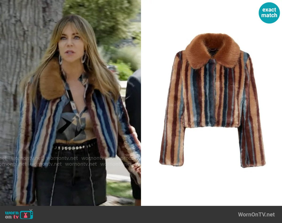 Unreal Fur Rhapsody Striped Cropped Jacket worn by Morgan Gillory (Kaitlin Olson) on High Potential