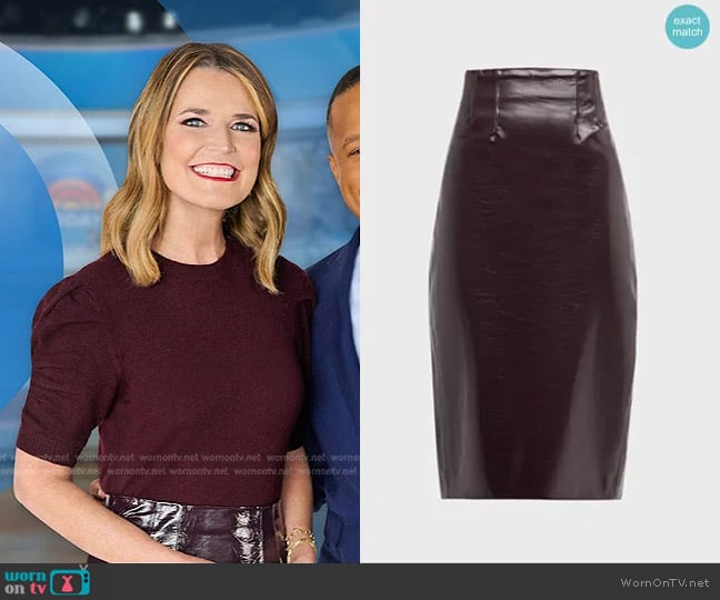 Veronica Beard Holmes Vegan Leather Pencil Skirt in Plum worn by Savannah Guthrie on Today