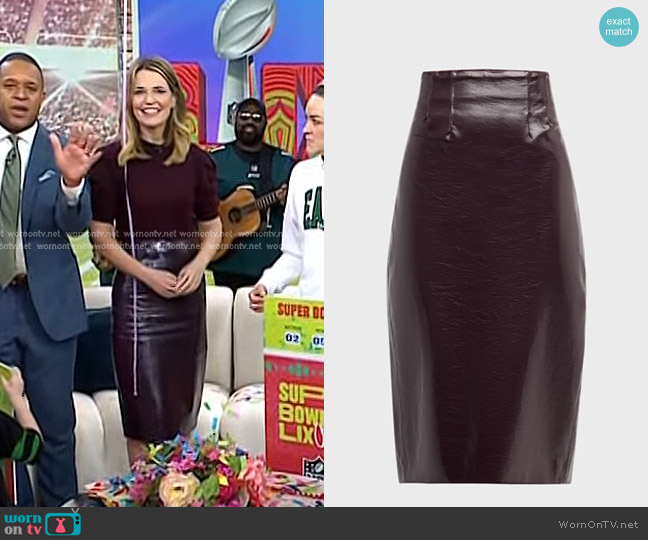 Veronica Beard Holmes Vegan Leather Pencil Skirt in Plum worn by Savannah Guthrie on Today