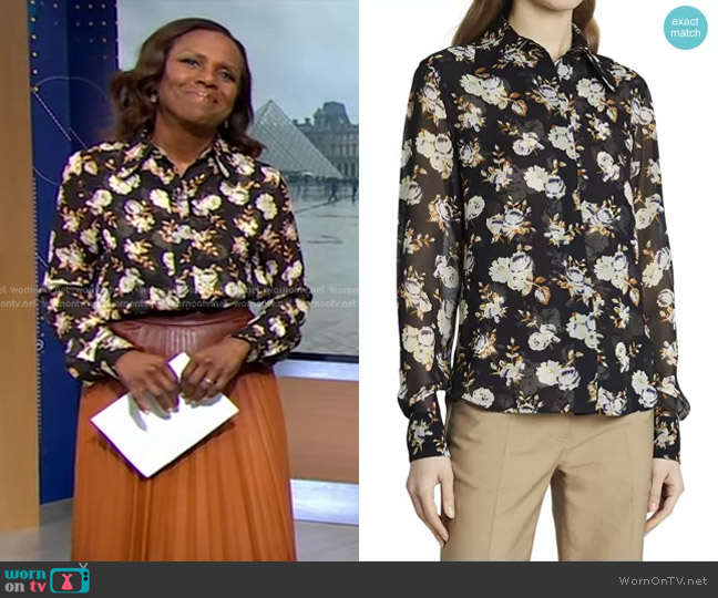 Victoria Beckham Floral Print Club Collar Fitted Button-Down Shirt worn by Deborah Roberts on Good Morning America