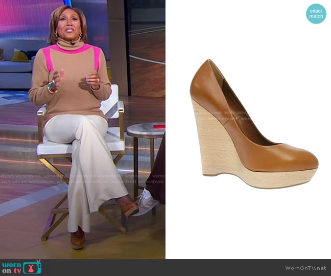 Saint Laurent Wooden Wedge heel Pumps worn by Robin Roberts on Good Morning America