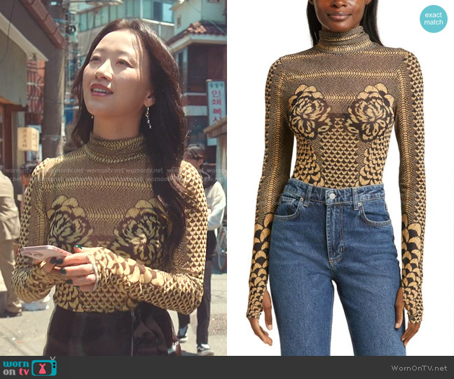 AFRM Zadie Long Sleeve Turtleneck Top in Gilded Petals worn by Yuri Han (Gia Kim) on XO Kitty