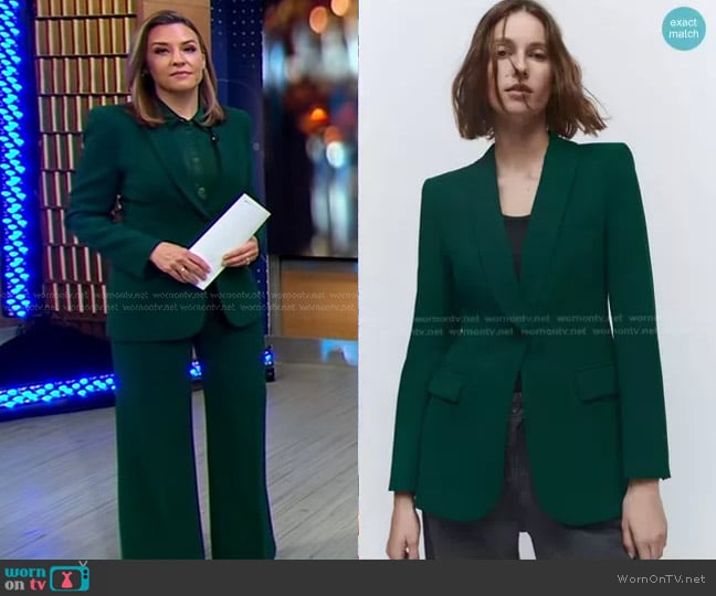 Zara Blazer with Tuxedo Collar in Green worn by Mary Bruce on Good Morning America