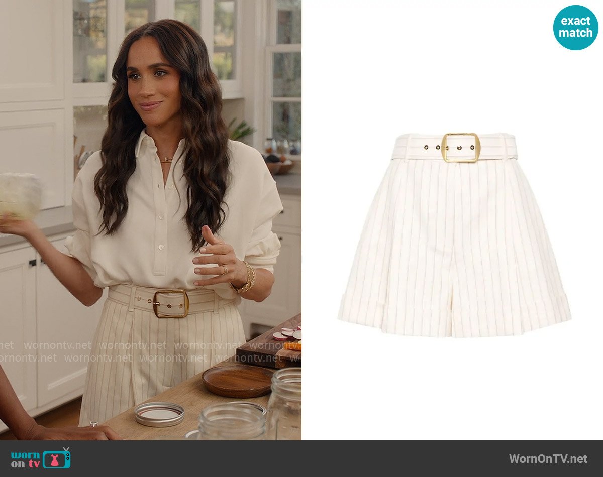 Zimmermann Tranquility Striped Shorts worn by Meghan Markle on With Love Meghan