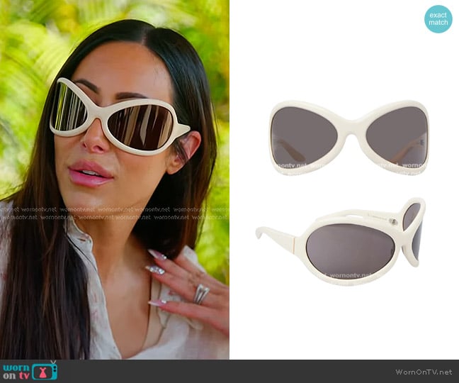 Acne Studios Oversized Wrap Around Sunglasses in White worn by Angie Katsanevas on The Real Housewives of Salt Lake City