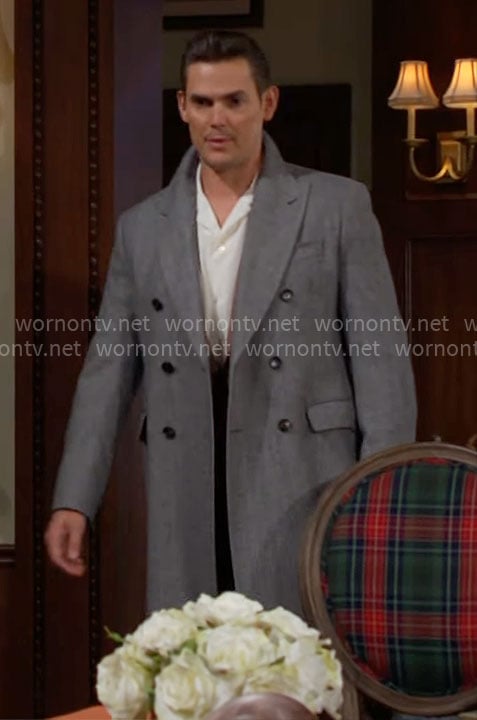 Adam's double breasted herringbone coat on The Young and the Restless