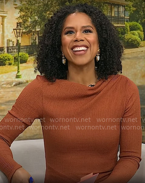 Adriana Diaz’s rust brown long dress on CBS Mornings