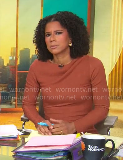 Adriana Diaz's rust brown long dress on CBS Mornings