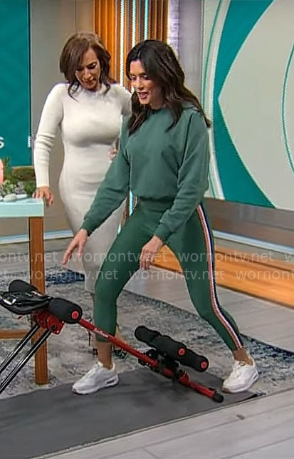 Adriane Kiss's green side stripe leggings and sweatshirt on CBS Mornings