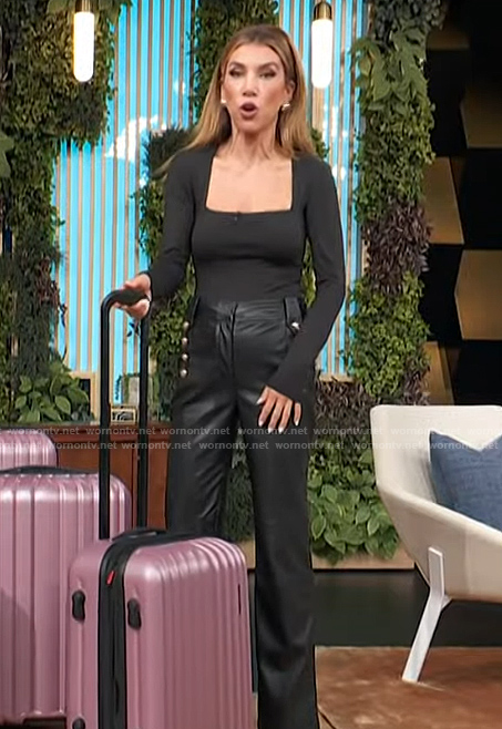 Adrianna Costa’s black leather pants and bodysuit on Access Hollywood