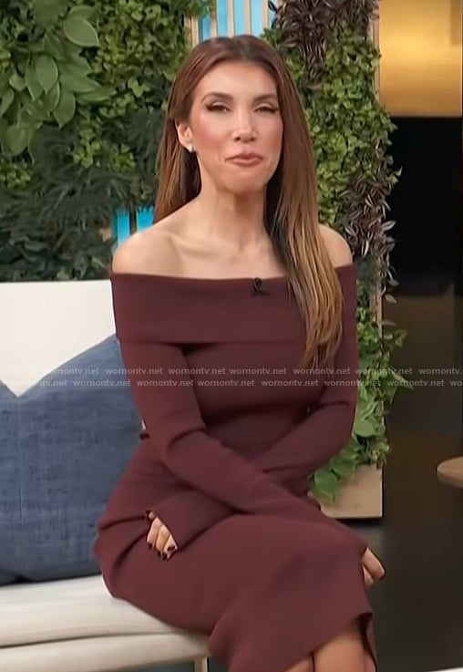 Adrianna Costa's brown off shoulder dress on Access Hollywood