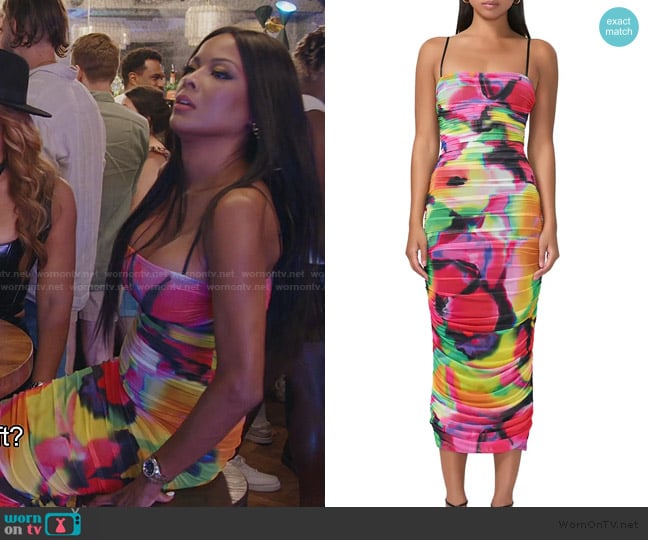 AFRM Hazel Print Ruched Mesh Midi Dress worn by Stacey Rusch on The Real Housewives of Potomac