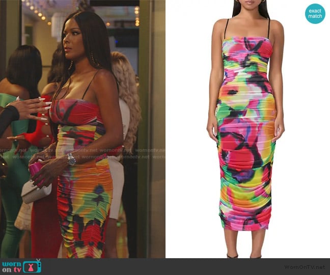 Stacey’s tie dye floral print ruched dress on RHOP