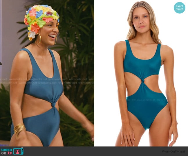 Jessel’s blue twist front swimsuit on RHONY