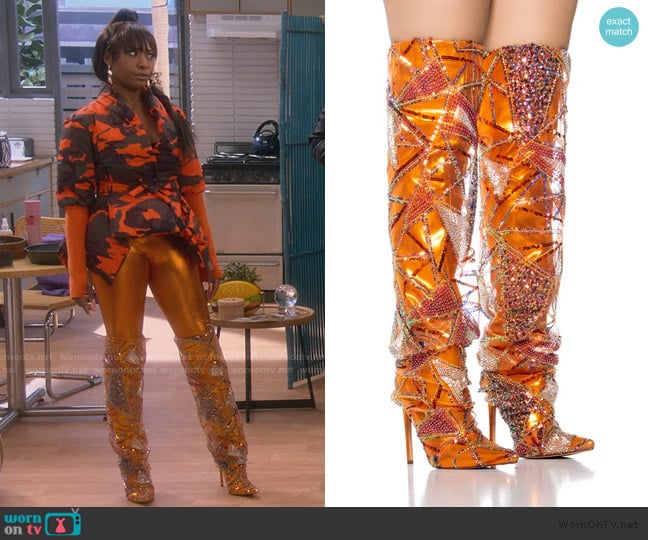 Akira Mainstreet Orange Abstract Embellished Boots worn by Tasha (Gabrielle Dennis) on The Upshaws