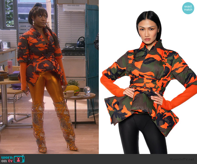 Akira Camo Peplum Puffer Jacket worn by Tasha (Gabrielle Dennis) on The Upshaws