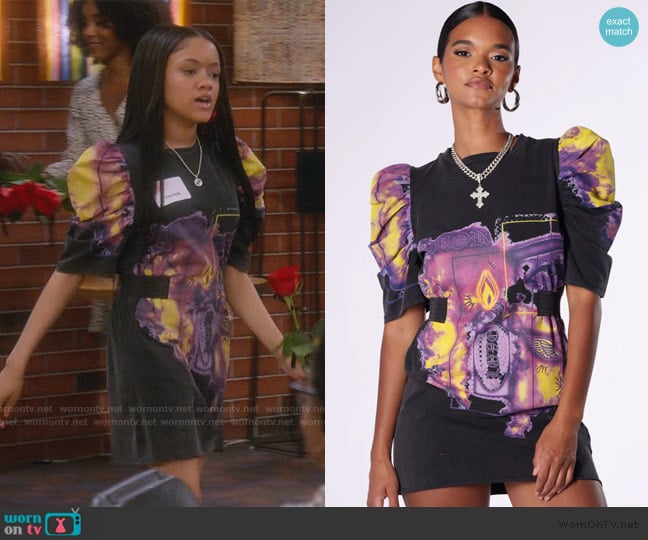 Akira Mi Amor Abstract Print Tshirt Dress worn by Aaliyah Upshaw (Khali Spraggins) on The Upshaws