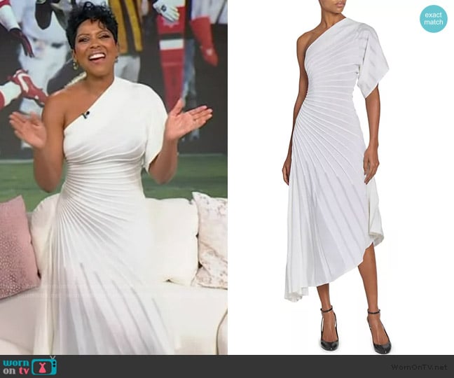 Alaia Asym Ray Wool Asymmetric Midi-Dress worn by Tamron Hall on Tamron Hall Show