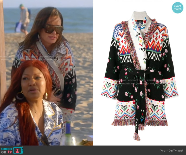 Alanui Greenland Oversized Jacquard Cardigan worn by Kyle Richards on The Real Housewives of Beverly Hills