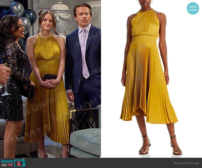 A.L.C. Renzo II Pleated Halter Dress in Aged Bronze worn by Stephanie Johnson (Abigail Klein) on Days of our Lives