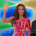 Alexis’s neon pink sequin one-shoulder dress on The Price is Right