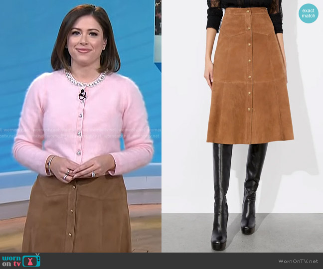 Alice + Olivia Calia Suede Midi Skirt in Camel worn by Chloe Melas on Today