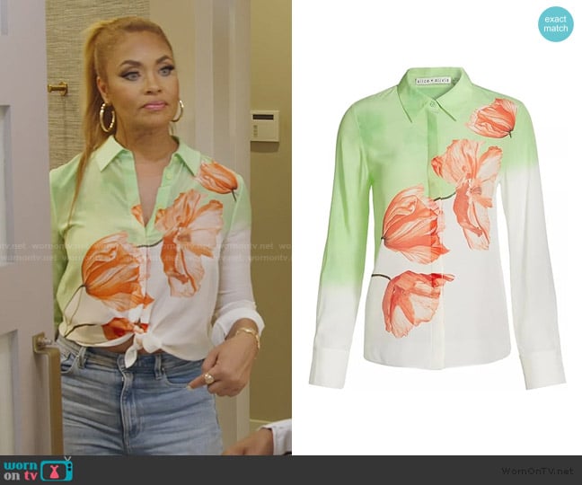 Alice + Olivia Ombre Floral Silk Button Down Shirt worn by Gizelle Bryant on The Real Housewives of Potomac